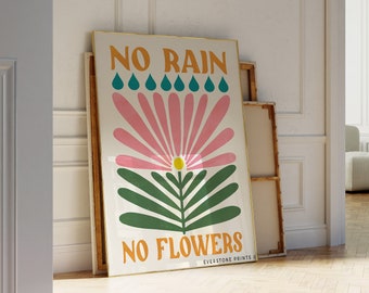 May include: A white poster with a gold frame featuring a pink flower with green leaves and the text "NO RAIN NO FLOWERS" with raindrops above the flower. The poster is leaning against a white wall.