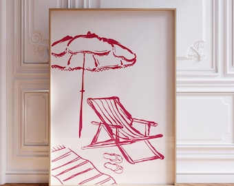 Hand Drawn Summer Beach Print | Beachy Wall Art, Summer Prints, Beach House Art, Coastal Wall Decor, Sun Bed Print, Digital Art