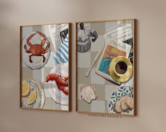 Set of 2 Kitchen Prints | Food Table Poster, Kitchen Wall Art, Colorful Food Art, Retro Wall Art, Preppy Apartment Art, Trendy Kitchen Art