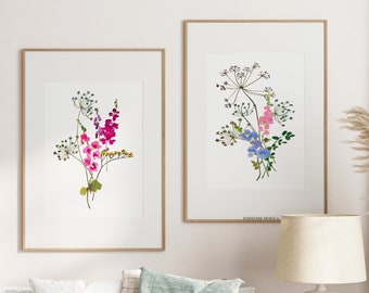 Set van 2 aquarel wilde bloemen | Kleurrijke heldere bloemenprints, botanische print, bloemenmuurkunst, lentebloemkunst, afdrukbare kunst