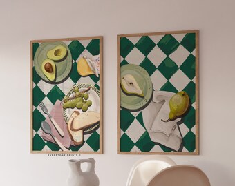 Set van 2 keukenafdrukken | Voedseltafelposter, keukenmuurkunst, kleurrijke voedselkunst, retro muurkunst, preppy appartementkunst, trendy keukenkunst