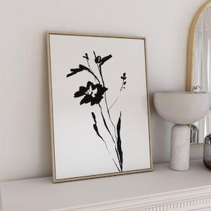 Schwarze Blumen Kunst | Florale Wandkunst, Wildblumendrucke, Botanische Kunst, Blumenlinie Kunst, Minimaler Blumendruck, Linie Zeichnung Blumen