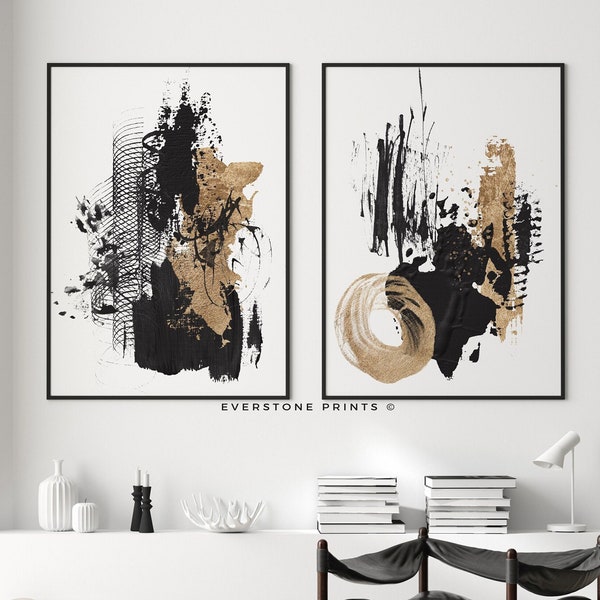 Abstract Black Gold Set of 2 Prints | Abstract Wall Art | Brush Stroke Art | Minimalist Wall Art | Living Room Wall Art, Printable Art