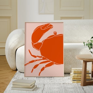 Krabbe Poster | Retro Food Art, Vintage Fischdruck, Mid Century Print, Food Poster, Rosa und Rote Kunst, Küstenküche, Trendy Food Art