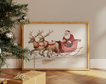 Weihnachtsmann mit Schlitten Printable | Vintage Weihnachten, Retro Santa, Weihnachtsposter, Weihnachtswandkunst, Urlaubsdekor, druckbare Wandkunst