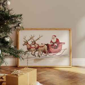 Santa Claus with Sleigh Printable | Vintage Christmas, Retro Santa, Christmas Poster, Christmas Wall Art, Holiday Decor, Printable Wall Art