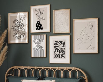 Conjunto de 6 impresiones abstractas modernas, arte abstracto en blanco y negro, arte imprimible, arte mural de galería, arte mural imprimible