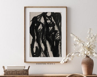 May include: Black and white abstract art print in a wooden frame, hanging above a wooden dresser with two drawers. The print is titled "EVERSTONE PRINTS".
