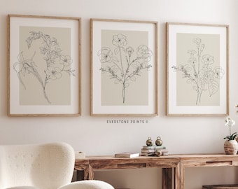 Flower Line Art | Set Of 3 Prints, Botanical Wall Art, Flower Bouquet Wall Art, Flower Print Set, Line Art Printable, Minimal Floral Prints