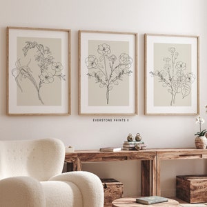 Blumen Line Art | 3er Set Drucke, botanische Wandkunst, Blumenstrauß Wandkunst, Blumendruck-Set, Linie Art druckbar, minimale Blumendrucke