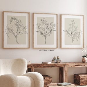 Arte lineal de flores / Conjunto de 3 láminas, arte mural botánico, arte mural de ramos de flores, conjunto de láminas florales, arte lineal imprimible, láminas florales minimalistas