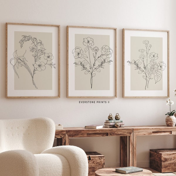 Flower Line Art | Set Of 3 Prints, Botanical Wall Art, Flower Bouquet Wall Art, Flower Print Set, Line Art Printable, Minimal Floral Prints