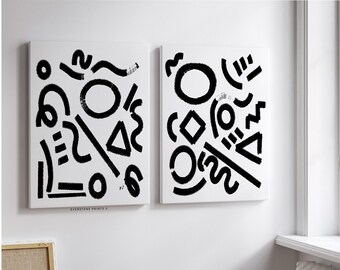 Set van 2 zwarte geometrische abstracte kunst | Zwart-wit abstracte kunst, galerie kunst aan de muur, minimale prints, moderne muurkunst, afdrukbare muurkunst