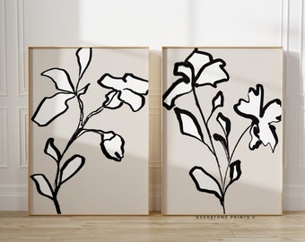Abstract Flower Set of 2 | Flower Print, Minimalist Poster, Gallery Wall Art, Black White Abstract Art, Minimal Line, Abstract Wall Art
