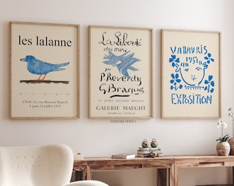 Blue Mid Century Exhibition Set | Poster Set of 3, Exhibition Gallery Wall, Museum Posters, Gallery Wall Art, Eclectic Set, Vintage Set
