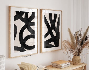 Black Lines Set of 2 | Black Abstract Art Print, Abstract Wall Set, Gallery Wall Art, Minimal Prints, Printable Wall Art Set