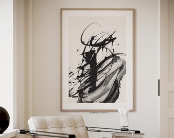 May include: Black and white abstract art print in a simple wooden frame. The print features bold, expressive brushstrokes in black ink on a white background. The print is titled "Everstone Prints".