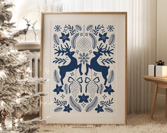 arte de parede de renas | Decoração de natal azul | Decoração de Natal | Impressão de Natal | Arte clássica da parede de Natal | Arte de parede para impressão