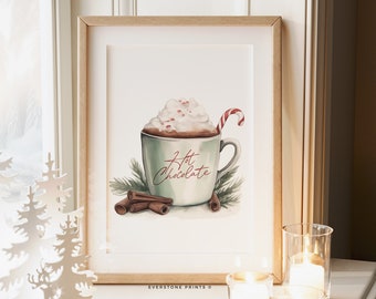 Hot Chocolate Christmas Print | Hot Cocoa Sign, Holiday Kitchen Decor, Watercolor Christmas, Christmas Wall Art