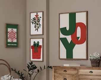 Gallery Set of 4 Christmas Prints | Holiday Wall Art, Xmas Printable Home Decor, Minimalist Christmas Gallery Wall Art, Christmas Decoration