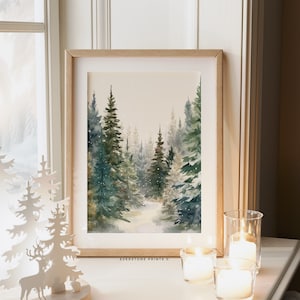 Pintura del bosque de invierno Impresión de Navidad / Decoración de Navidad, Paisaje de invierno nevado Árboles de hoja perenne Pintura de acuarela, Arte de pared imprimible