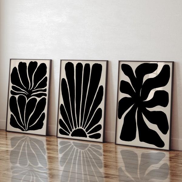 Abstract Botanical Black Beige Set of 3 | Modern Gallery Wall, Flower Printables, Moody Print Set, Floral Wall Art