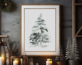 Snowy Evergreen Tree Print | Christmas Printable Art, Tree Watercolor Painting, Winter Wall Art, Winter Wonderland, Instant Download