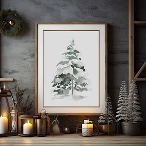 Impression d&#39;arbre à feuilles persistantes enneigé | Art imprimable de Noël, peinture aquarelle d&#39;arbre, art mural hiver, pays des merveilles de l&#39;hiver, téléchargement immédiat