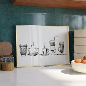 Tipos de arte de parede de café | Impressão de café, arte de bar de café, impressão de cozinha, pôster de cozinha, ilustração de café, arte de carrinho de bar, arte para impressão