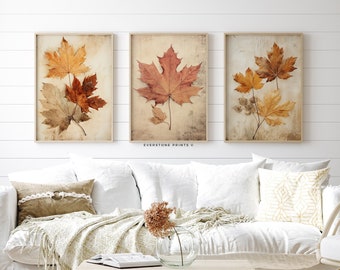 Conjunto de 3 estampas de folhas rústicas | Pintura de natureza morta, impressão de parede vintage de outono, decoração de outono para Halloween e Ação de Graças para impressão