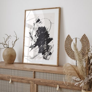 Schwarze abstrakte Kunst, schwarz-weiße abstrakte Kunst, Pinselstrich-Kunst, Galerie-Wandkunst, minimale Drucke, moderne Wandkunst, druckbares Poster