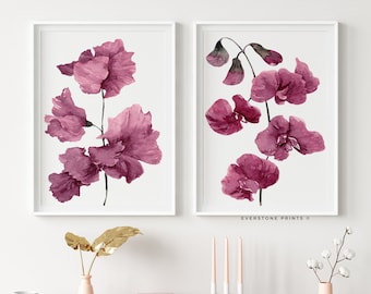 Conjunto de 2 impresiones de flores moradas / Flores botánicas, arte floral de pared, arte de flores silvestres, regalo de floristería, conjunto de flores de primavera para pared, arte imprimible
