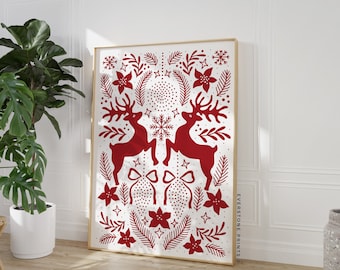 arte de parede de renas | Decoração de Natal vermelha | Decoração de férias | Impressão de Natal | Arte clássica da parede de Natal | Arte de parede para impressão