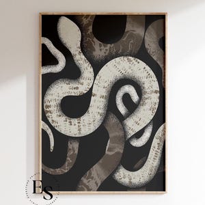 May include: Abstract art print featuring a black background with a white snake design. The snake is depicted in a swirling, abstract pattern.