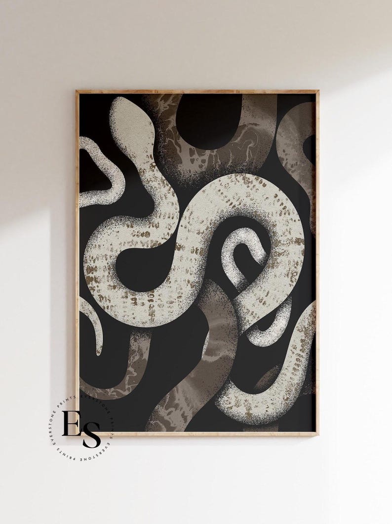 May include: Abstract art print featuring a black background with a white snake design. The snake is depicted in a swirling, abstract pattern.