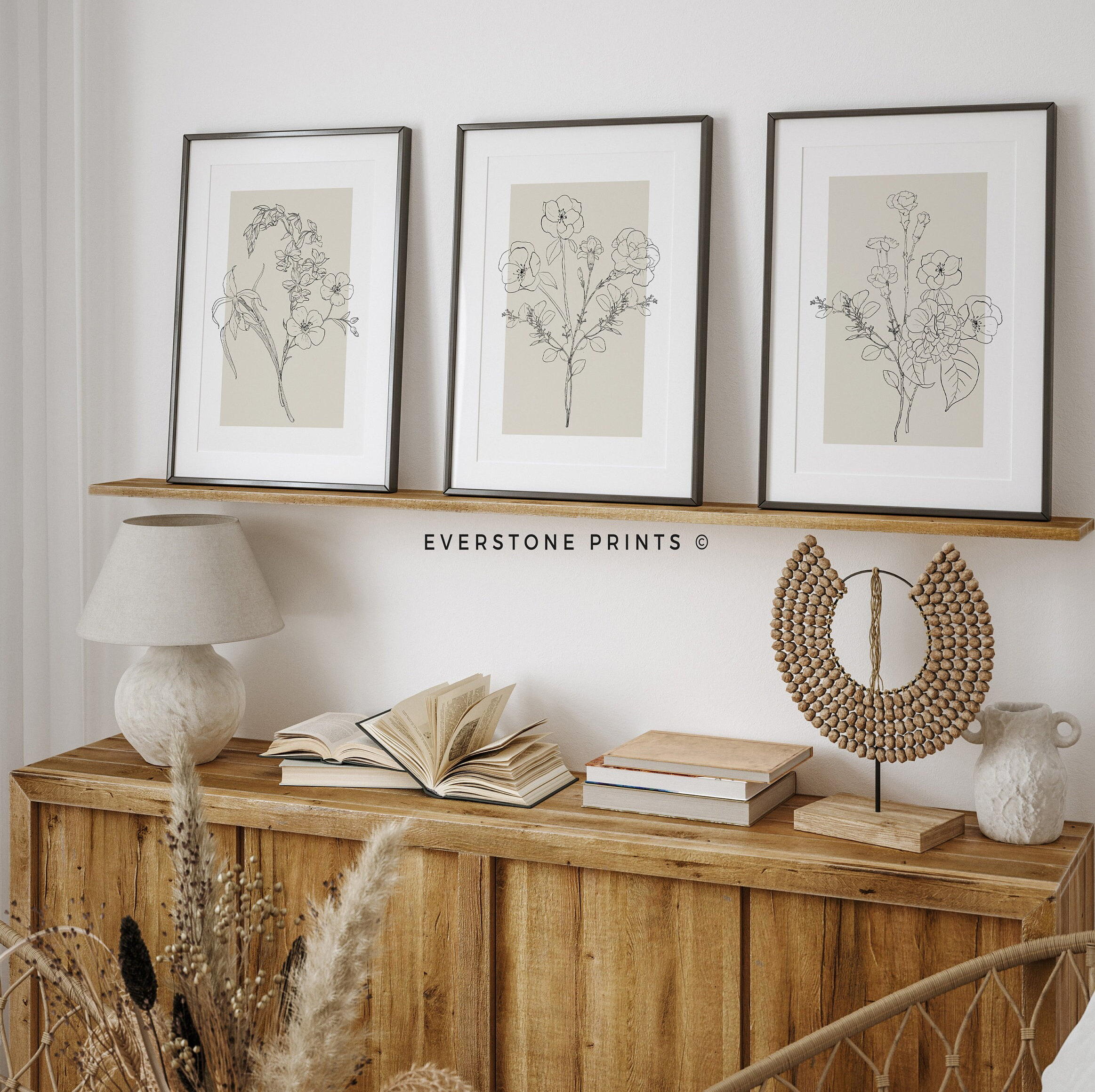 Flower Line Art | Set of 3 Prints, Botanical Wall Art, Flower Bouquet ...