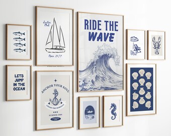 Muurkunst nautische kustgalerij | Zomerkunstafdrukken, strandmuurkunst, trendy strandkunst, digitale strandmuurkunst