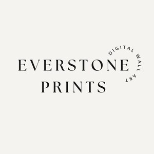 May include: Black and white logo for Everstone Prints, a digital wall art company.