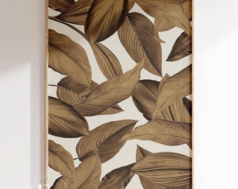 Pode incluir: Uma impressão emoldurada com um padrão de folhas marrons sobre um fundo branco. As folhas são estilizadas e têm um toque vintage.