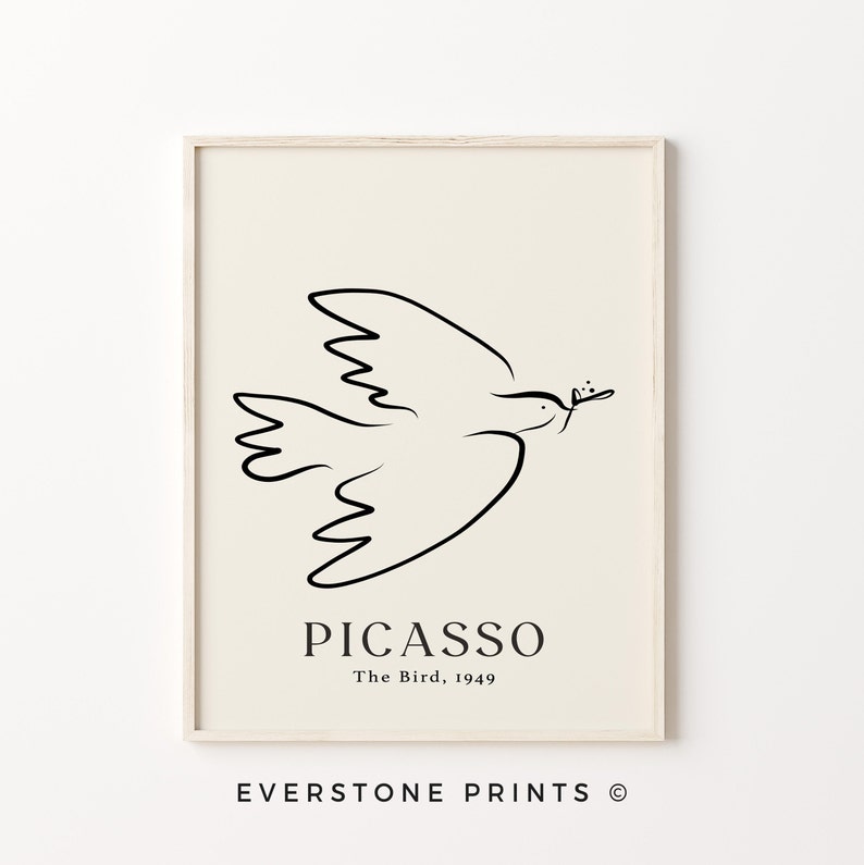 May include: Black and white line art print of a dove carrying an olive branch. The print has the text "PICASSO The Bird, 1949" below the image.