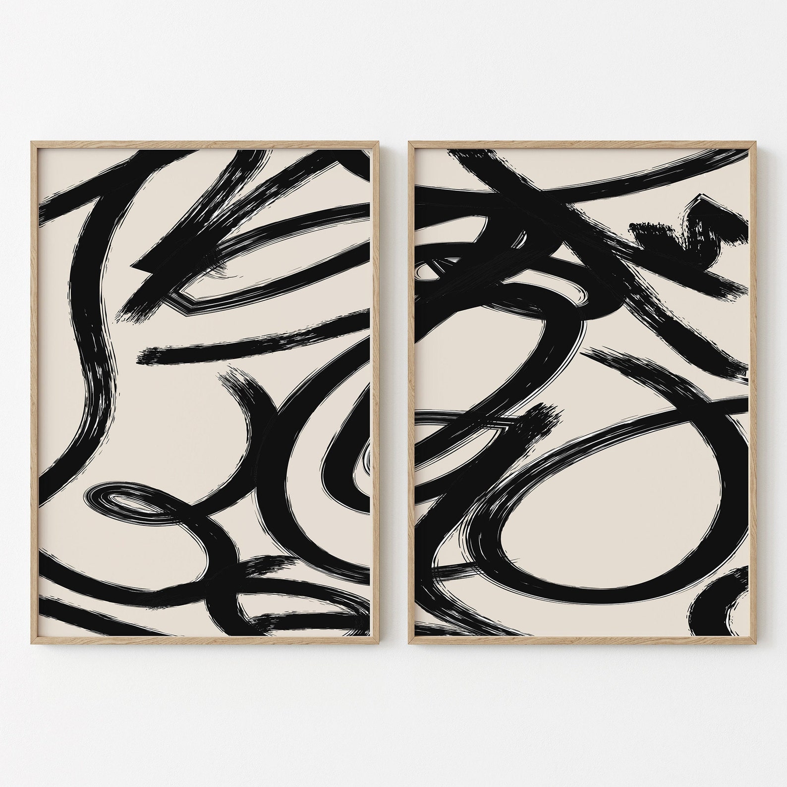 Abstract Set of 2 Prints Black Beige Wall Art Modern - Etsy