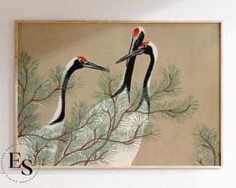 Impresión de grullas vintage / Arte de aves japonesas, arte mural asiático, ilustración de grulla, pintura de aves, póster vintage, arte mural imprimible