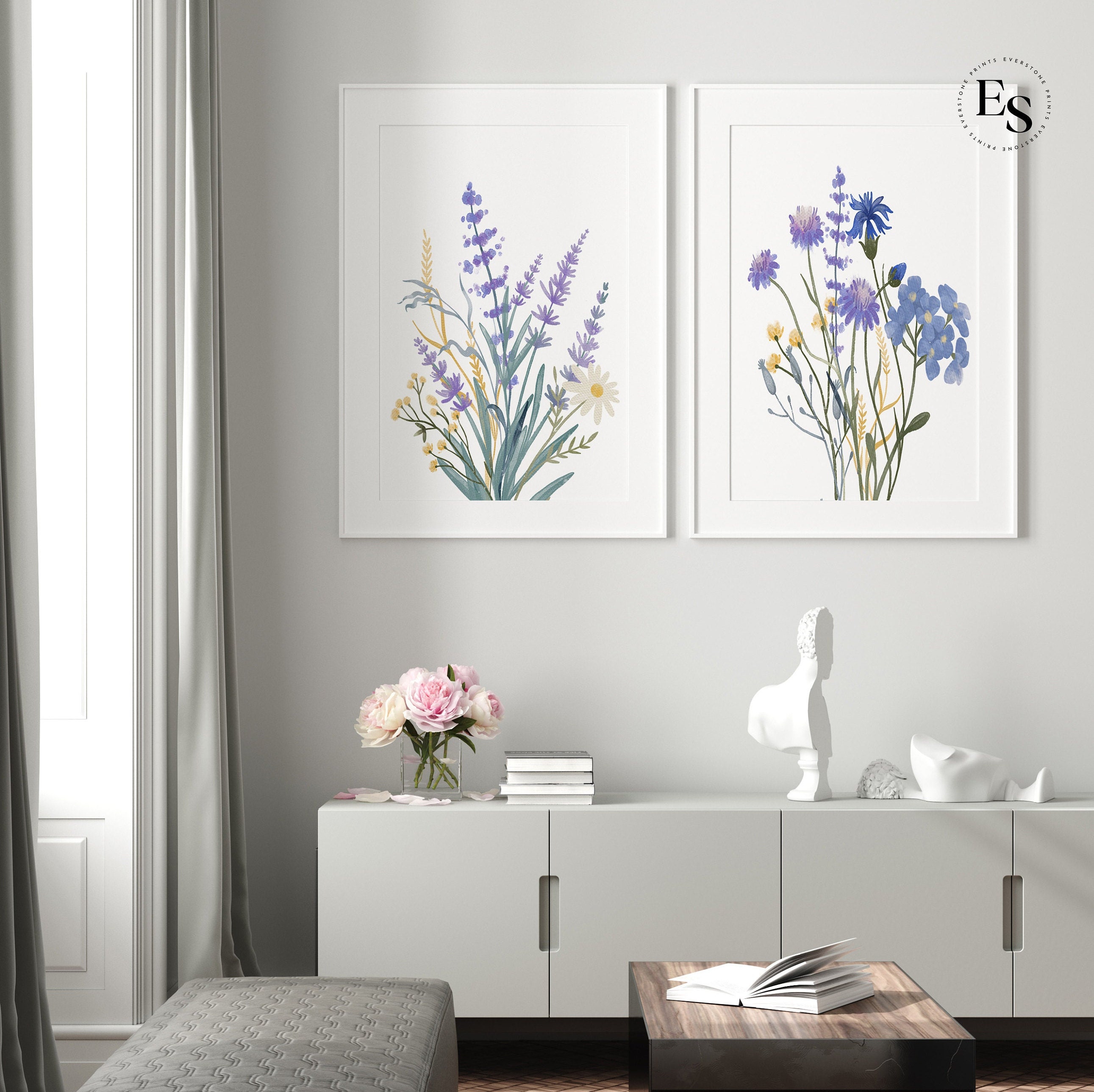 Set of 2 Watercolor Wildflower Art | Colorful Bright Floral Prints ...
