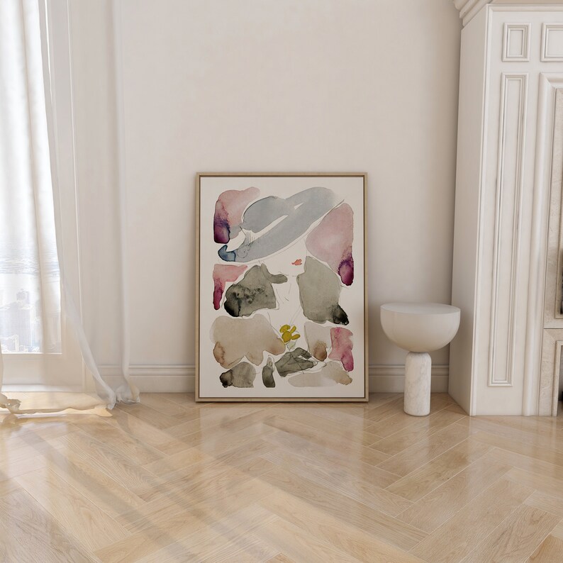 May include: Abstract watercolour painting with shades of blue, pink, and green. The painting features a variety of shapes and forms, creating a sense of movement and energy.