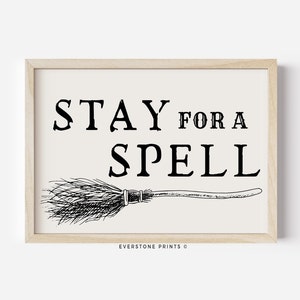 Blijf voor een spreuk | Afdrukbare Halloween, Halloween Art, Spooky Art, Retro Halloween Poster, Halloween Wall Art, Witchy Art, Halloween Decor