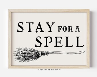 Stay for a Spell | Halloween Printable, Halloween Art, Spooky Art, Retro Halloween Poster, Halloween Wall Art, Witchy Art, Halloween Decor