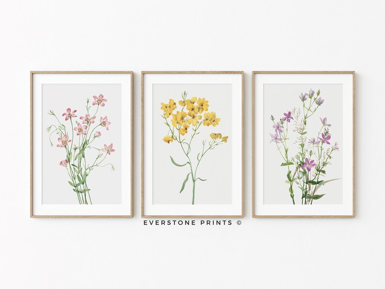 May include: Three framed botanical prints featuring watercolor illustrations of pink, yellow, and purple flowers. The prints are displayed on a white wall with a light wood frame.