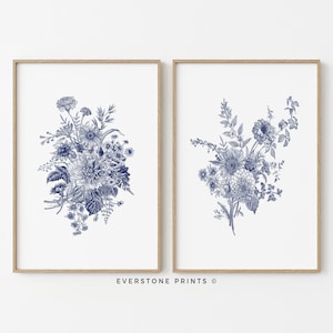 French Country Floral Set of 2 | Blue Wall Art, Floral Wall Art, Vintage Botanical, Farmhouse Art, French Country Art, Printable Art