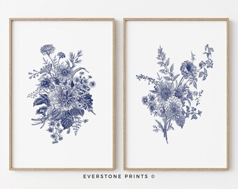 French Country Floral Set of 2 | Blue Wall Art, Floral Wall Art, Vintage Botanical, Farmhouse Art, French Country Art, Printable Art