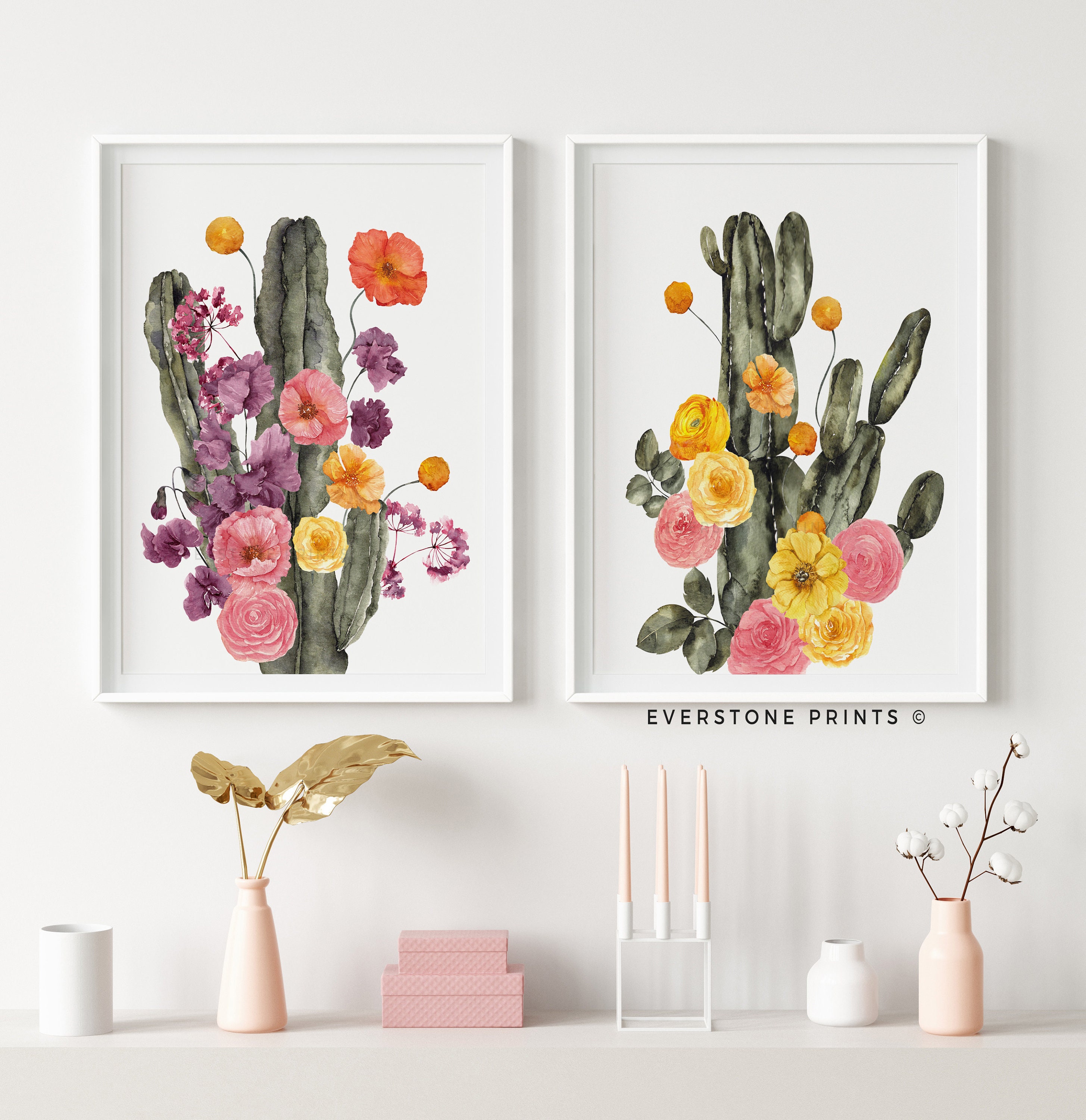 Set of 2 Cactus Wildflower Print | Botanical Print, Floral Wall Art ...